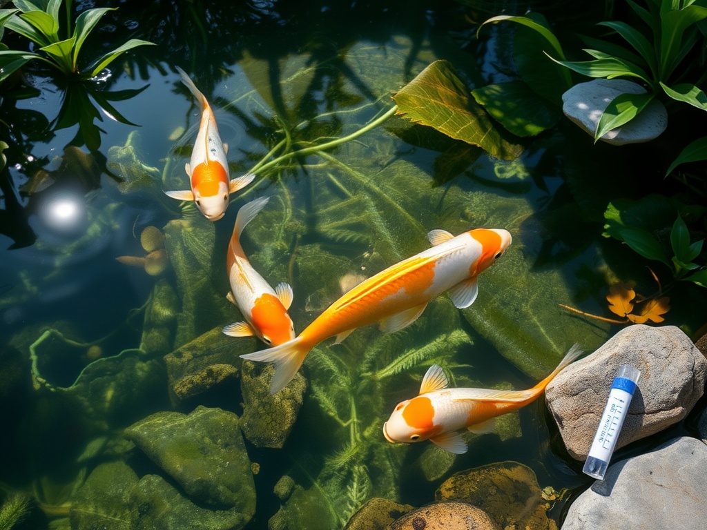 Clear garden pond with koi fish and aquatic plants, symbolizing healthy water quality