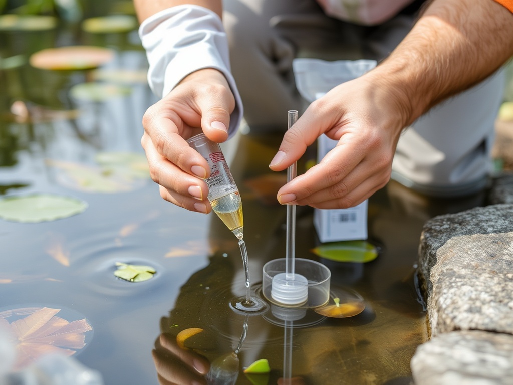 Pond owner testing water quality with a liquid test kit 