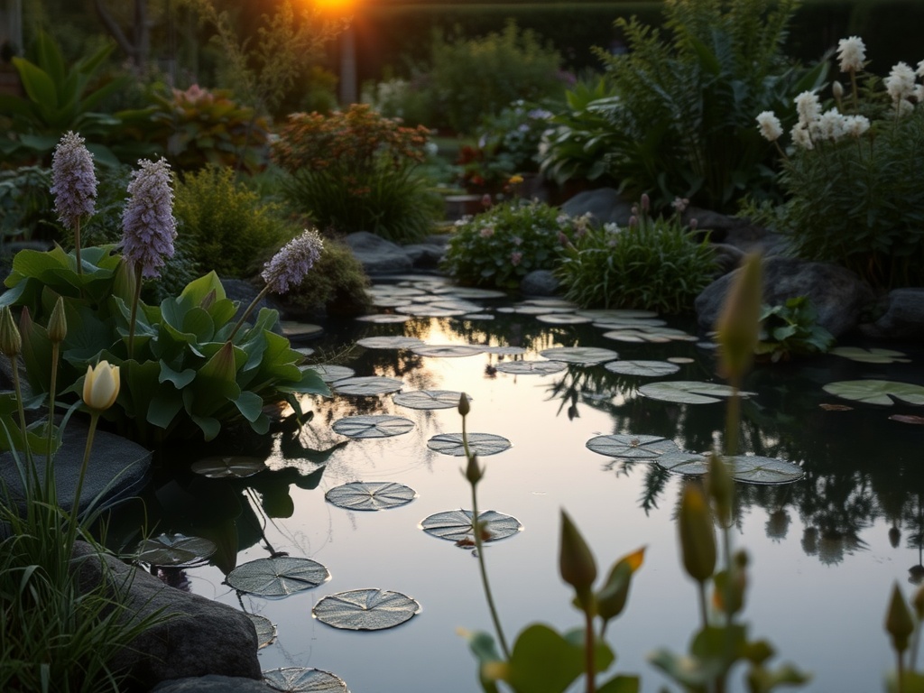 Serene garden pond at sunset with plants and soft lighting