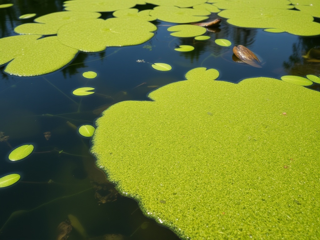 Pond with algae overgrowth and murky green water