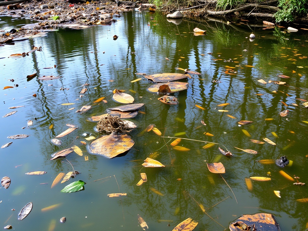 Stagnant pond water showing poor circulation