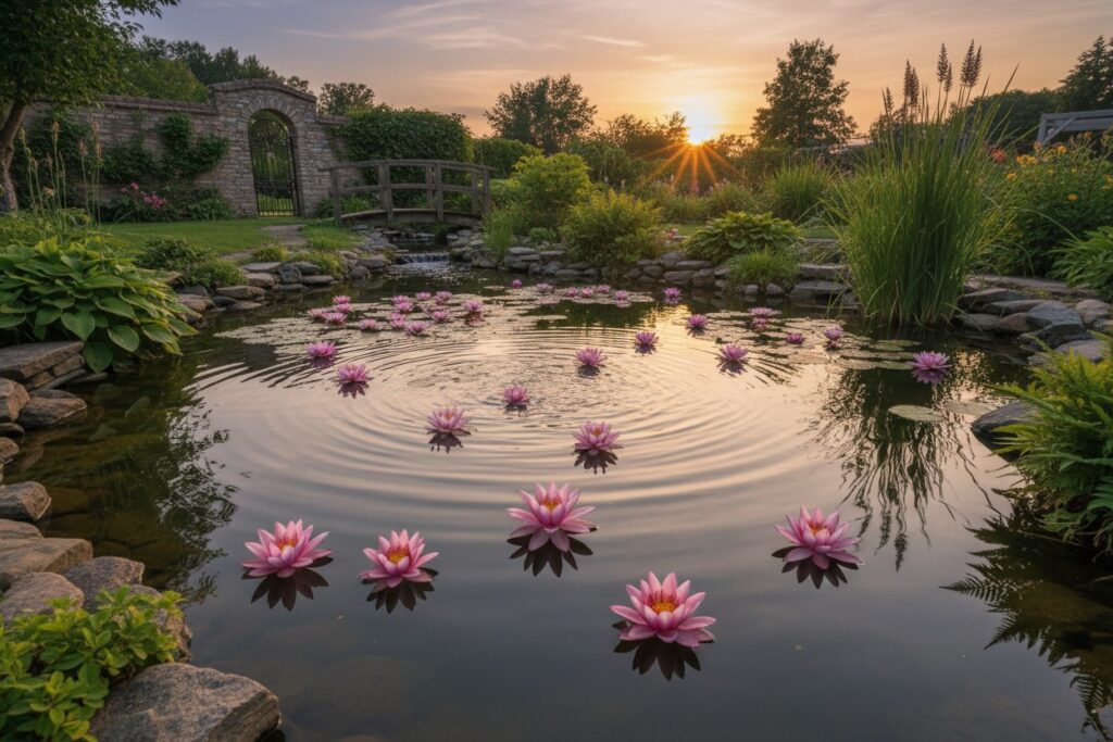 Floating lotus flowers and water lilies
