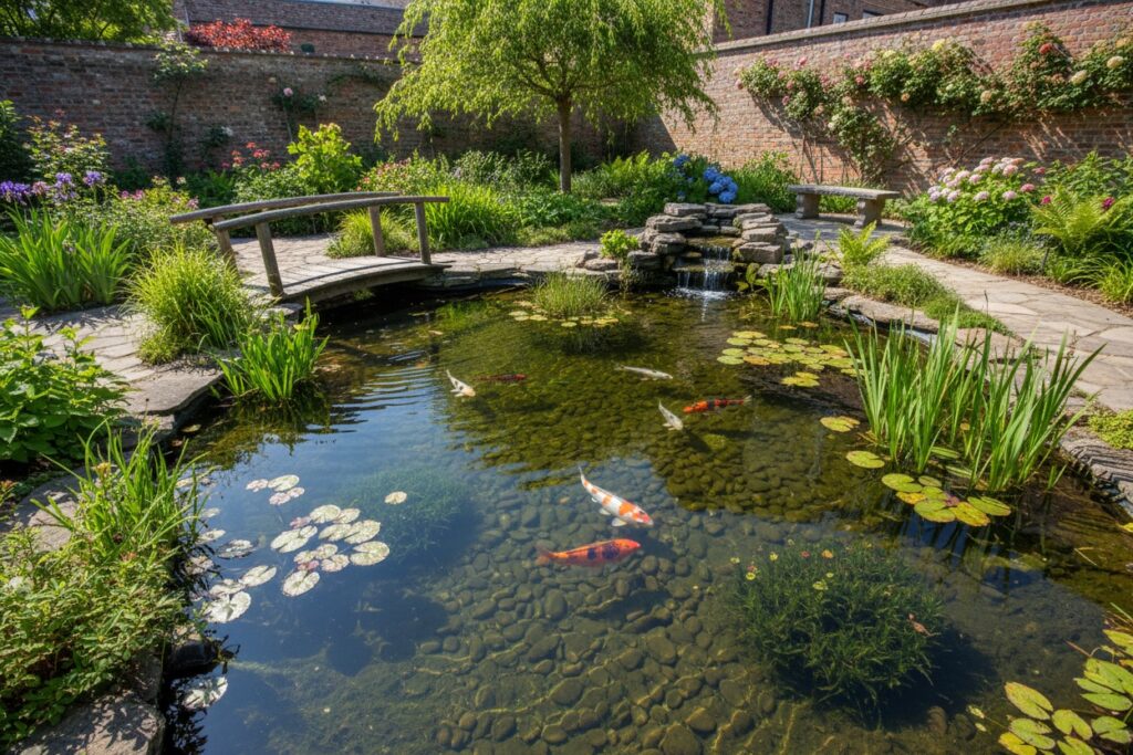 Beautiful backyard garden pond surrounded by plants and natural stone