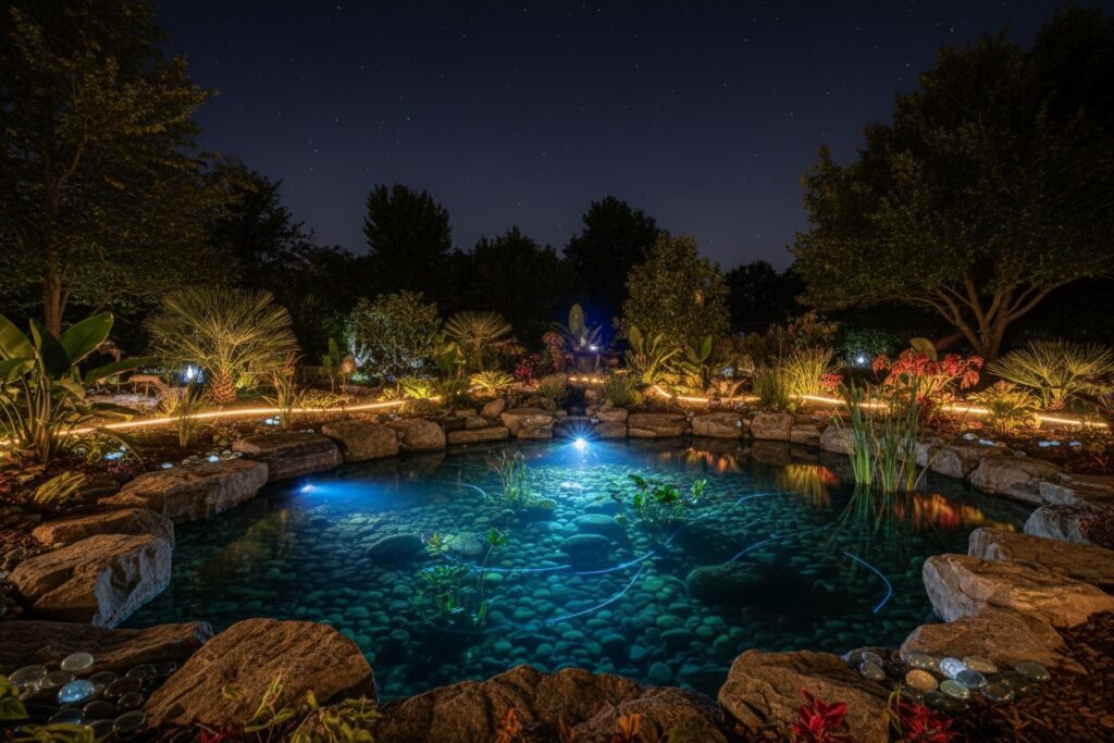 Garden pond glowing with underwater LED lights at night.