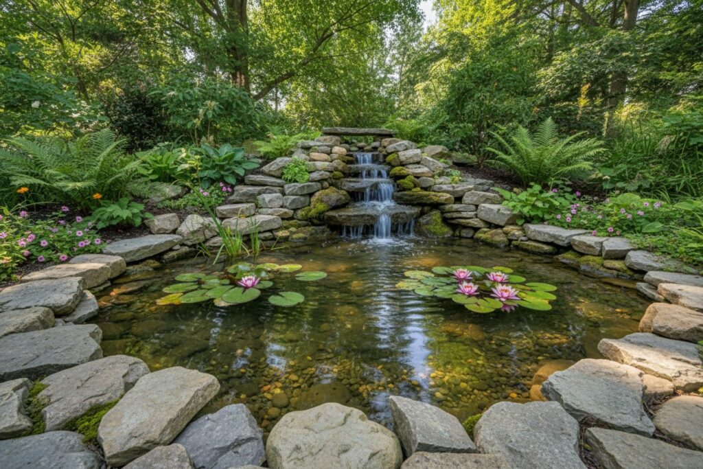 Garden pond with natural stone edging and a small waterfall