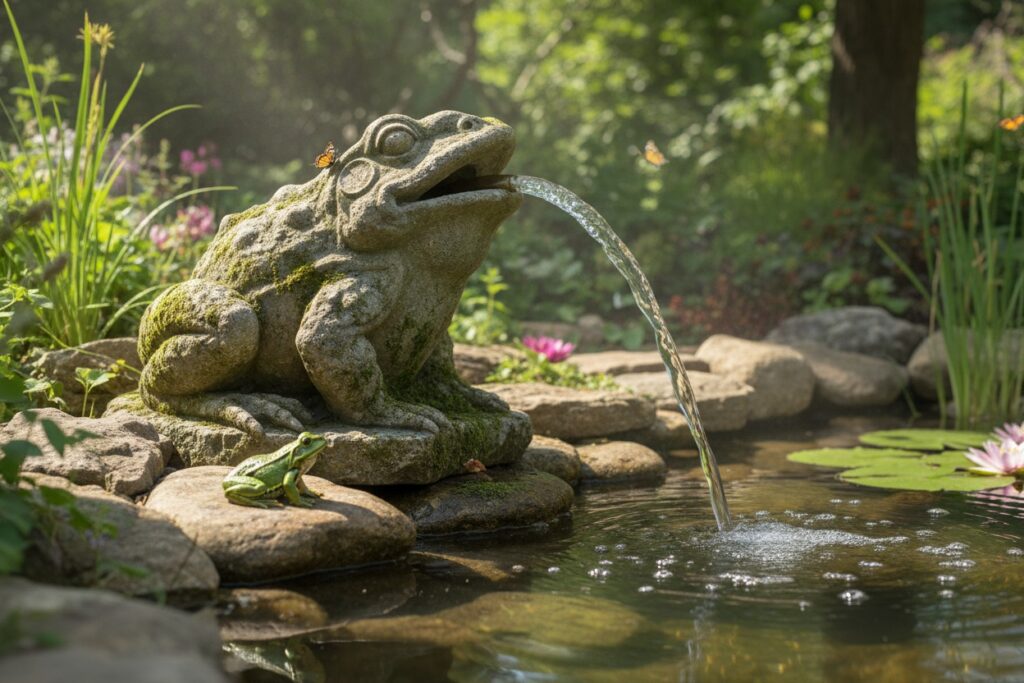 Decorative frog statue standing beside a garden pond