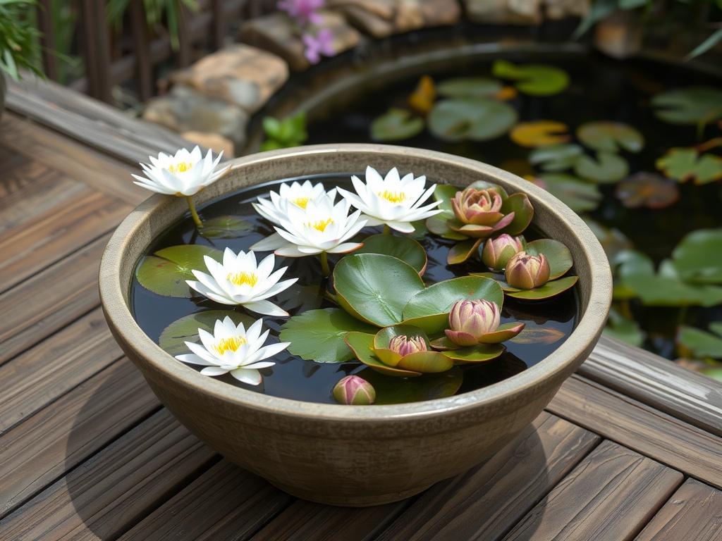 Patio pond bowl with water lilies and floating plants on a deck