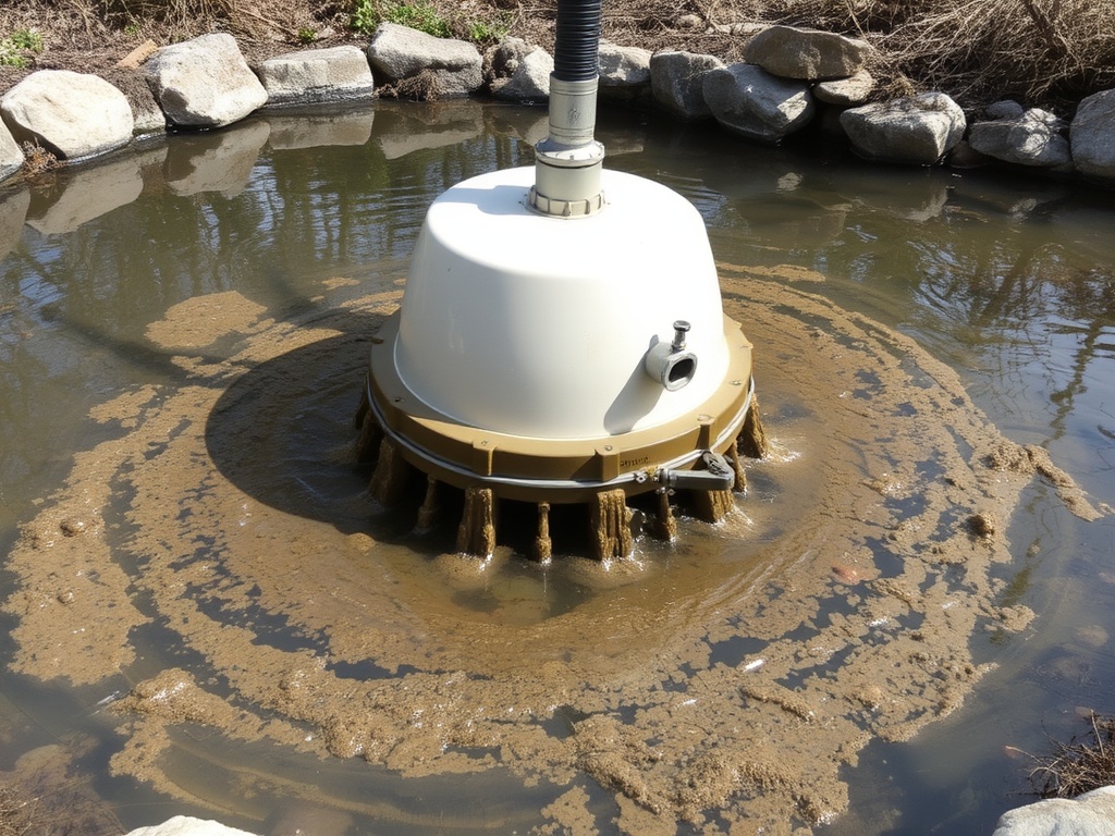 A pond vacuum removing dirt and sludge from the bottom of the pond