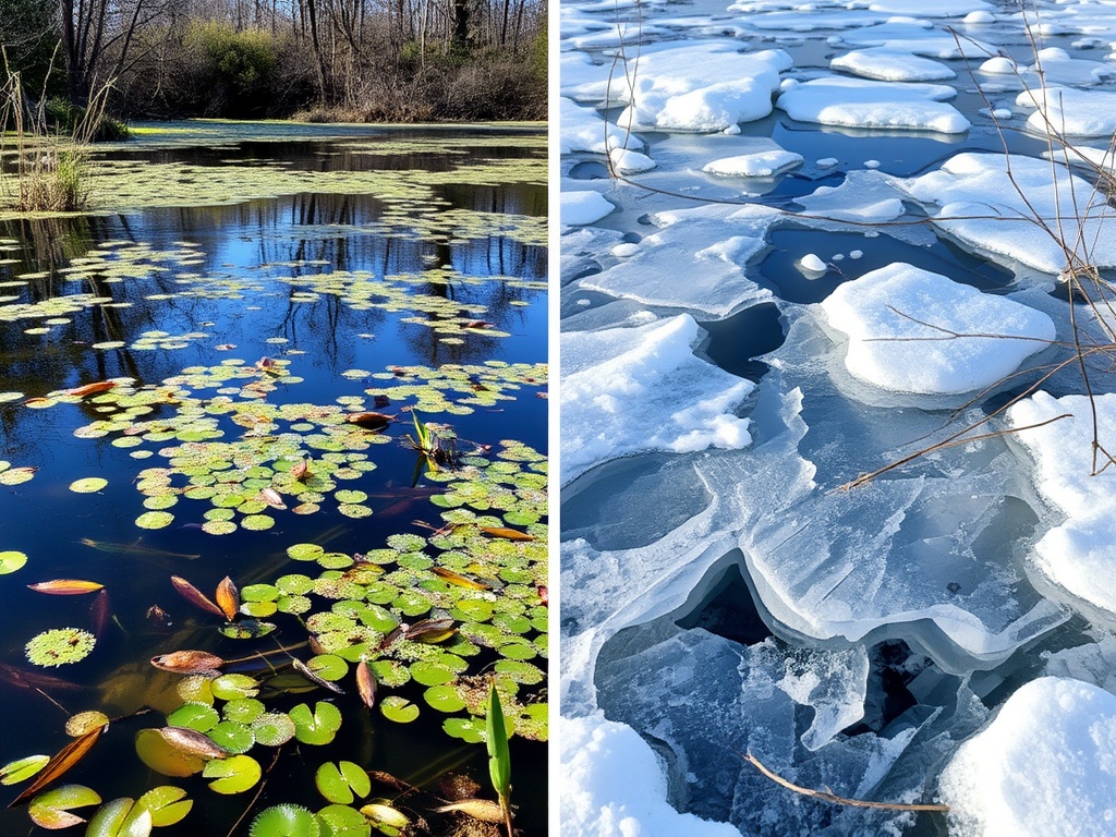 Seasonal pond changes showing algae in summer and ice in winter